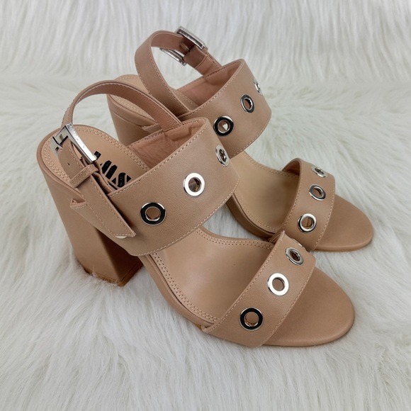 Women's AMS Sarah Silver Grommet Accent Slingback Block Heel Sandals Nude - Picture 6 of 8